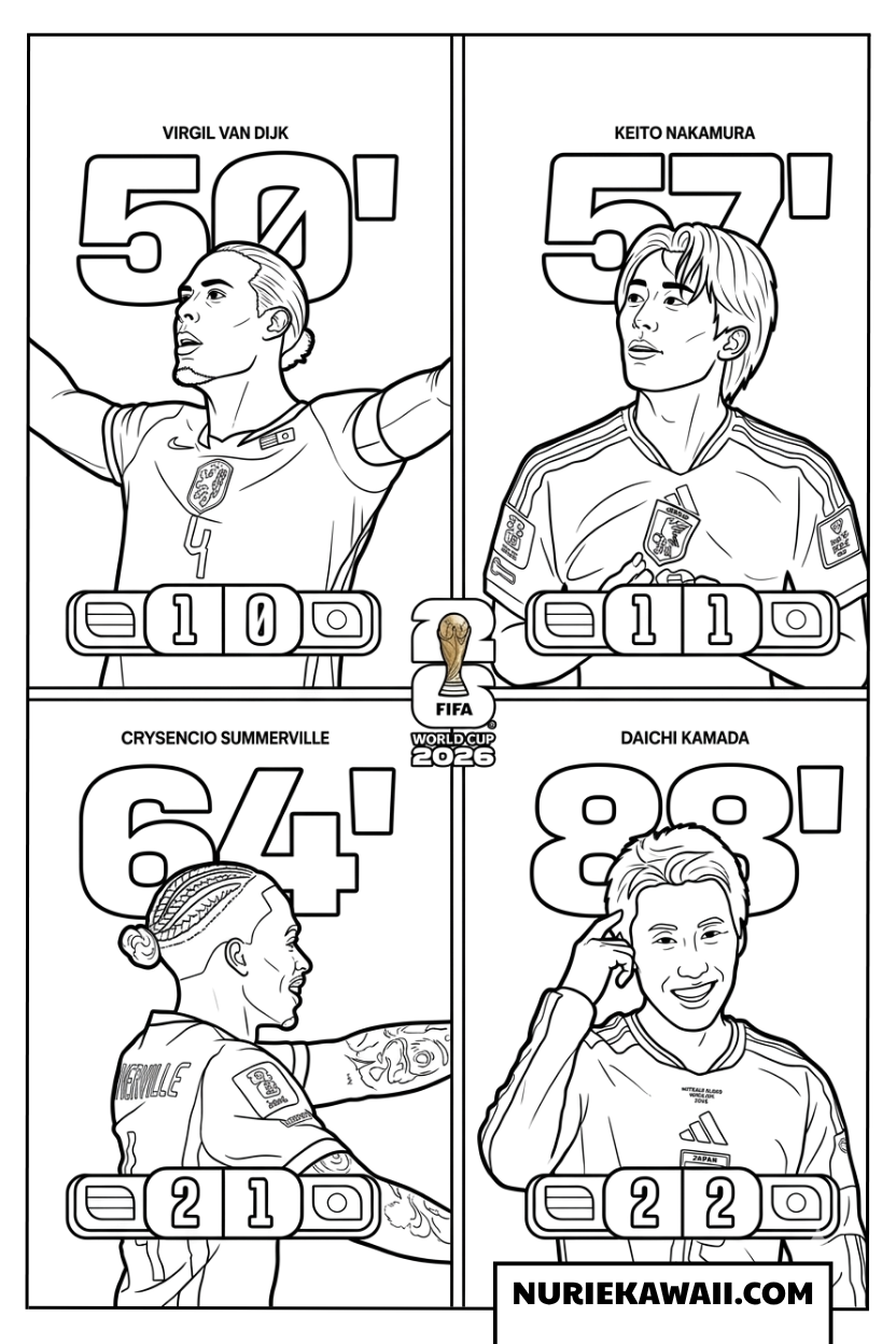 2026年ワールドカップ 日本対オランダ戦で得点を決めた4人のヒーローたちのぬりえ
