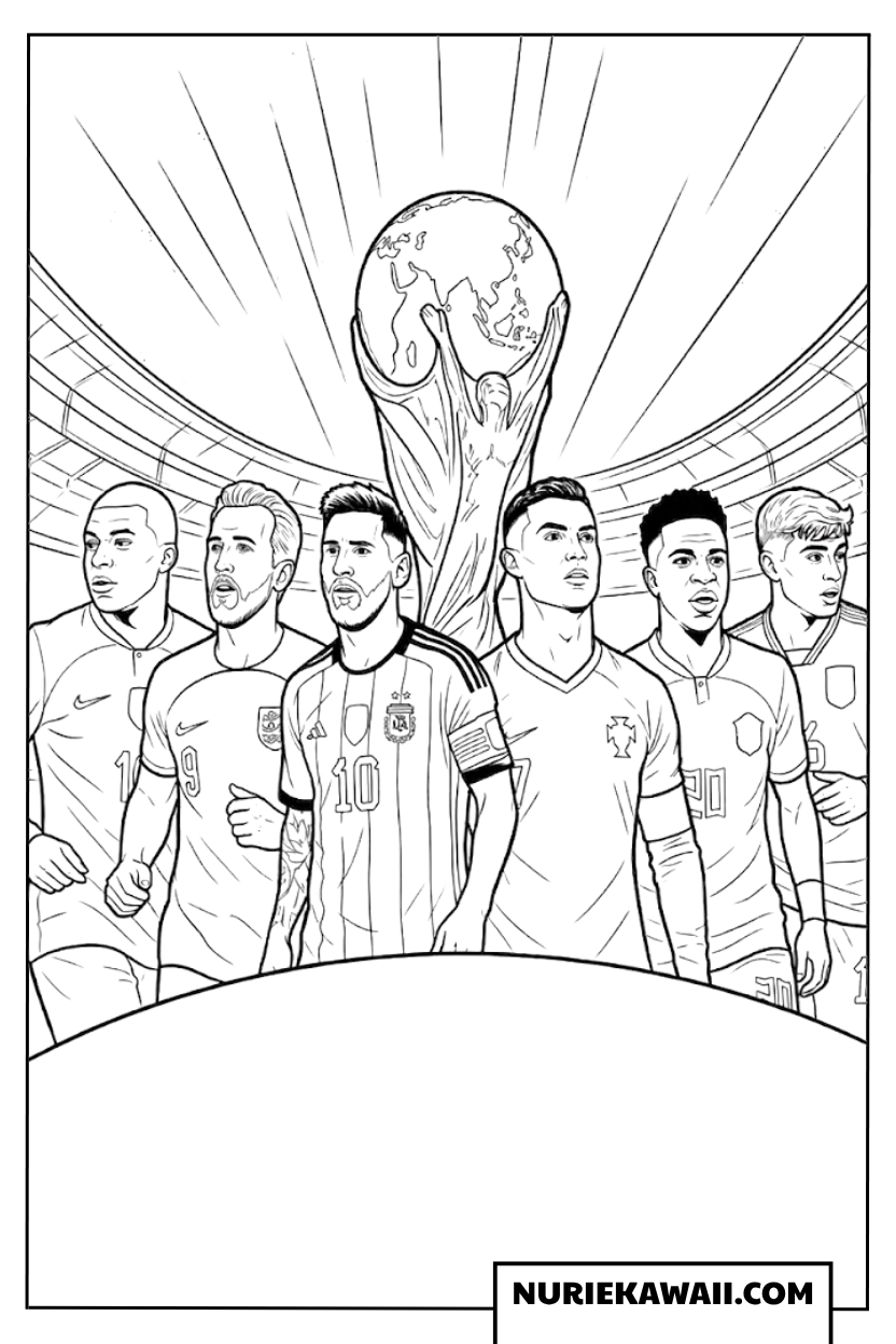 2026年ワールドカップのトロフィーと世界のスター選手が集結する塗り絵