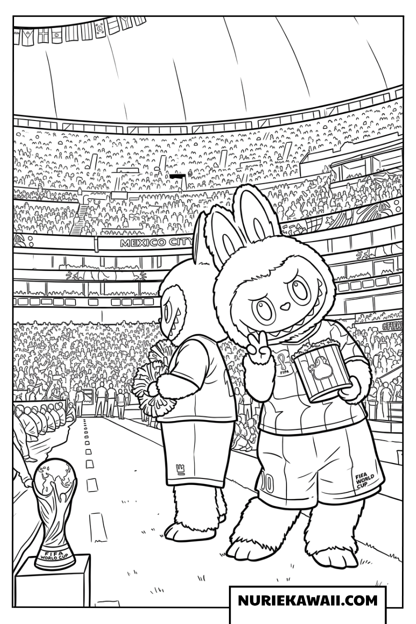 2026年ワールドカップ開会式でポップコーンを食べる可愛いラブブの塗り絵