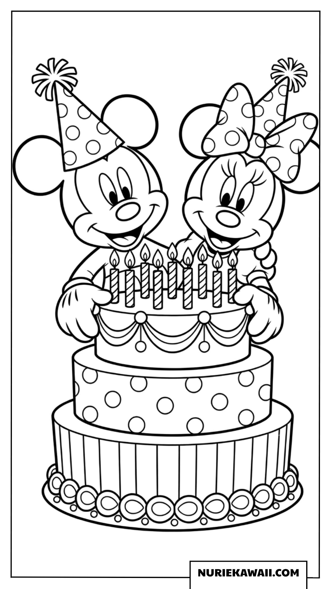 3段ケーキで誕生日を祝うミッキーとミニーの塗り絵