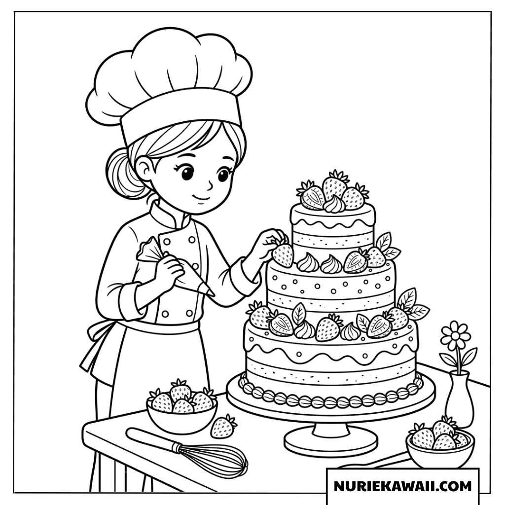 3段ケーキをデコレーションするパティシエの女の子の塗り絵