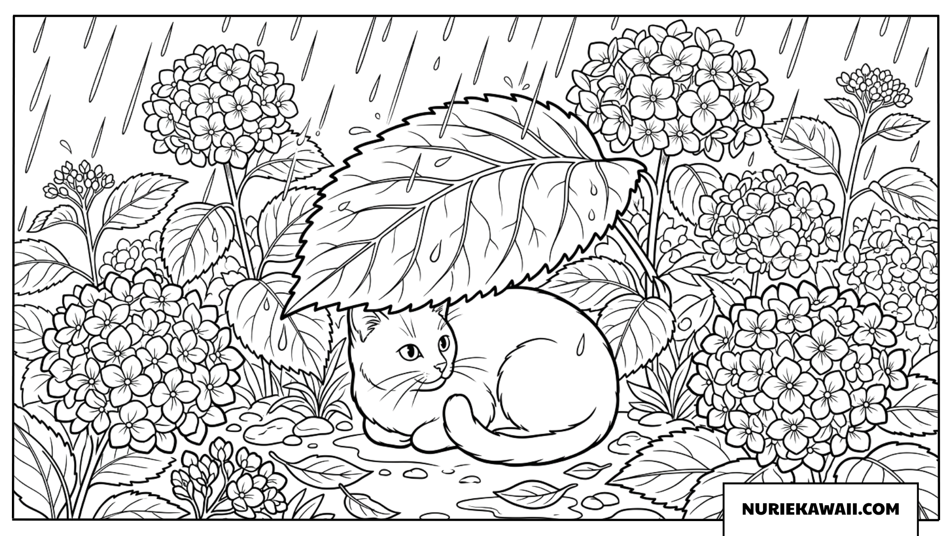あじさいの葉の下で雨宿りをする猫の塗り絵