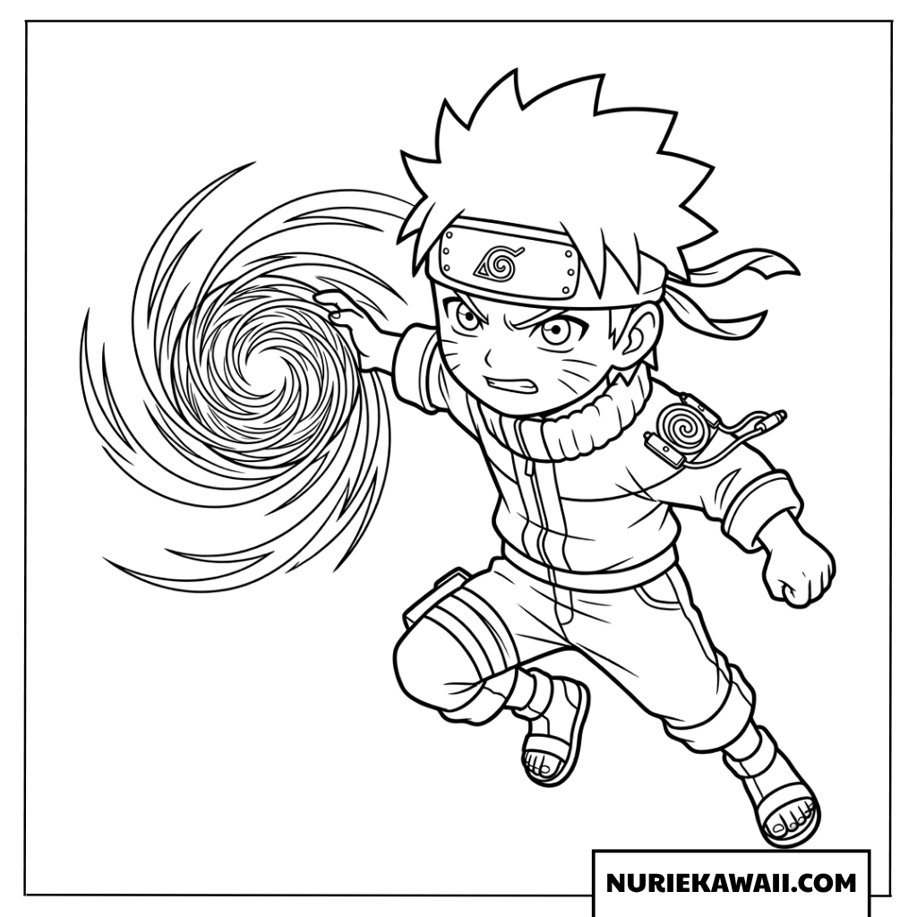 うずまきナルトちびキャラが強力な忍術螺旋丸を放つ姿の塗り絵