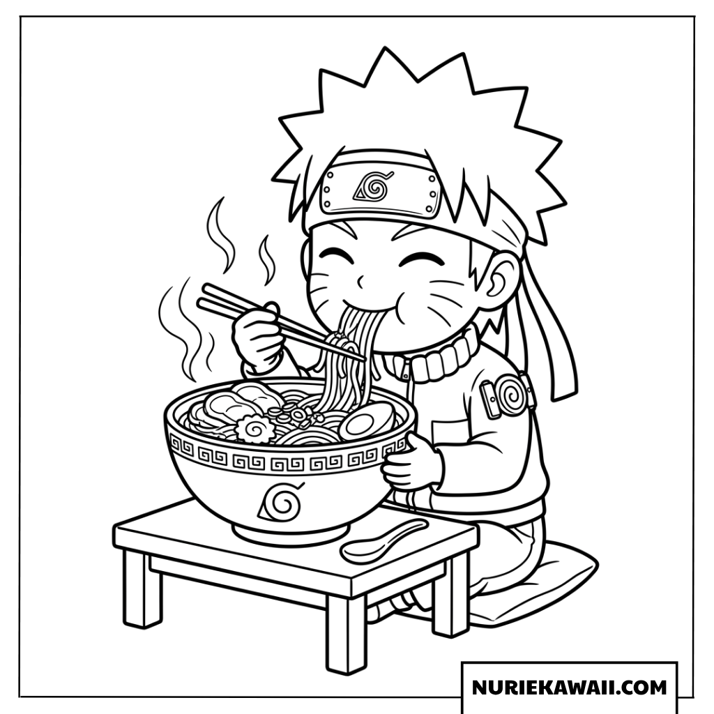 うずまきナルトちびキャラが美味しそうにラーメンを食べる塗り絵