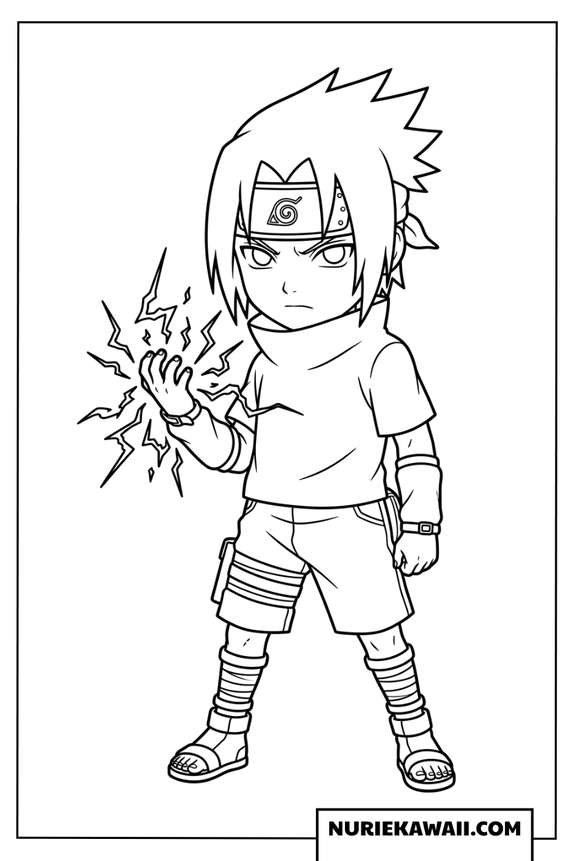 うちはサスケちびキャラが千鳥の雷遁忍術を放つ強くてカッコいい姿の塗り絵