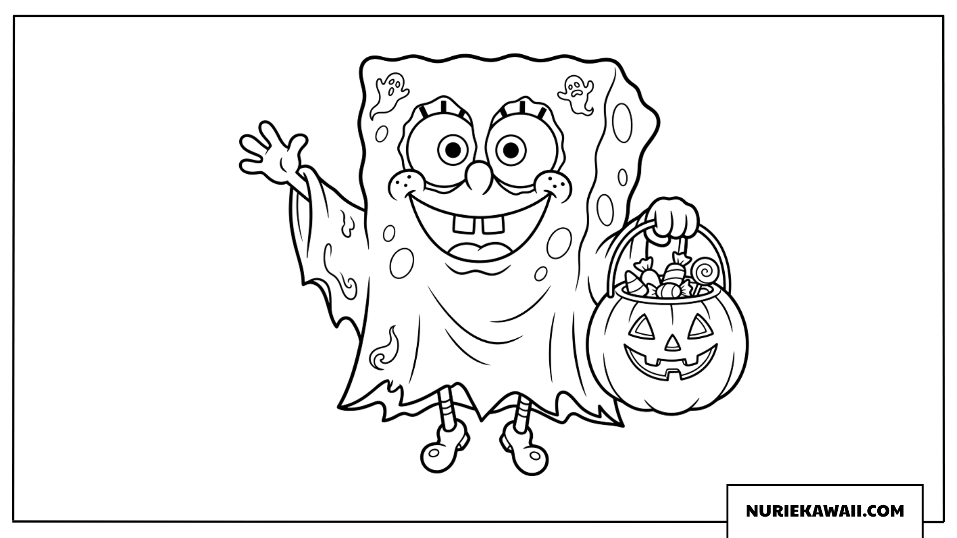 お化けの仮装をしてカボチャのお菓子バケツを持つスポンジボブの塗り絵