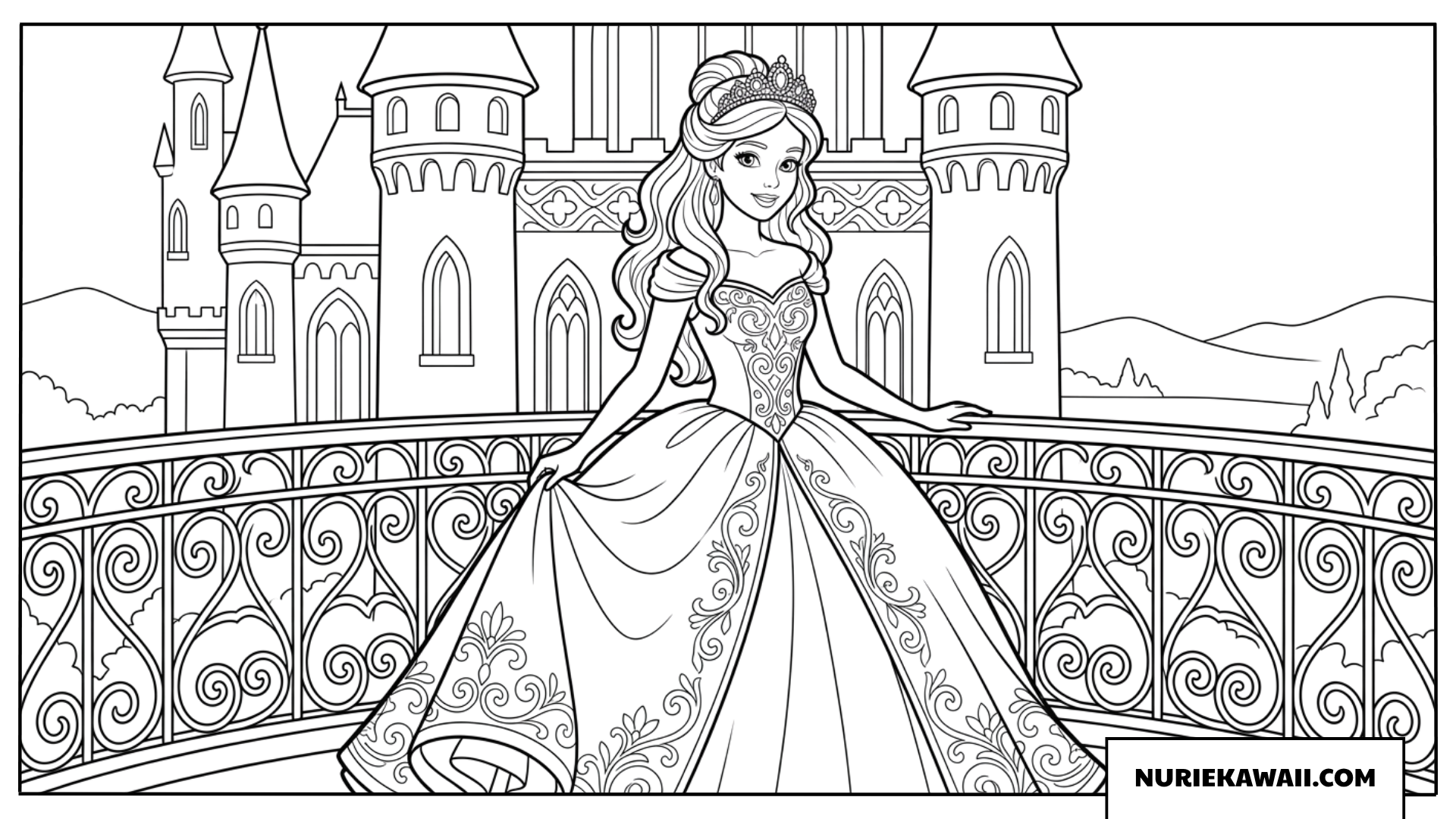 お城のバルコニーのプリンセス塗り絵
