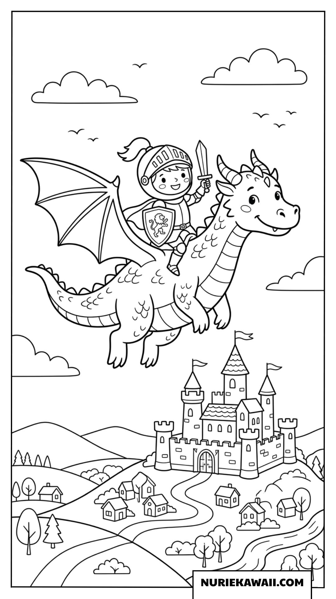 お城の上空を羽ばたくドラゴンと背中に乗った小さな騎士の塗り絵