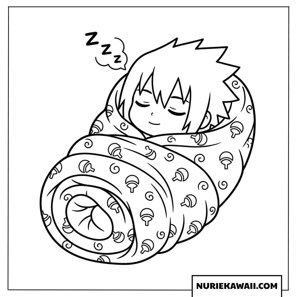 お気に入りの毛布にくるまってすやすや眠るちびサスケの可愛い塗り絵