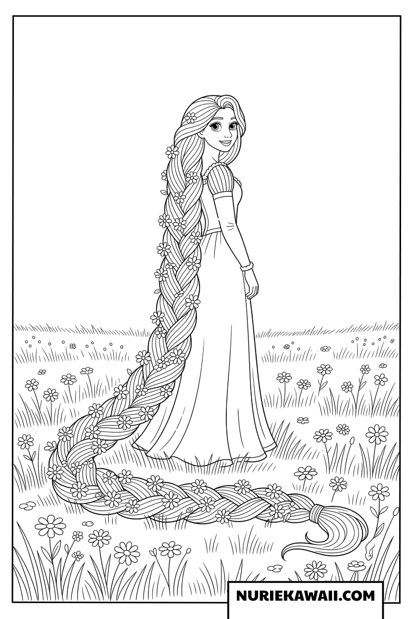お花が編み込まれた長い髪をなびかせてお花畑に佇むラプンツェルの塗り絵