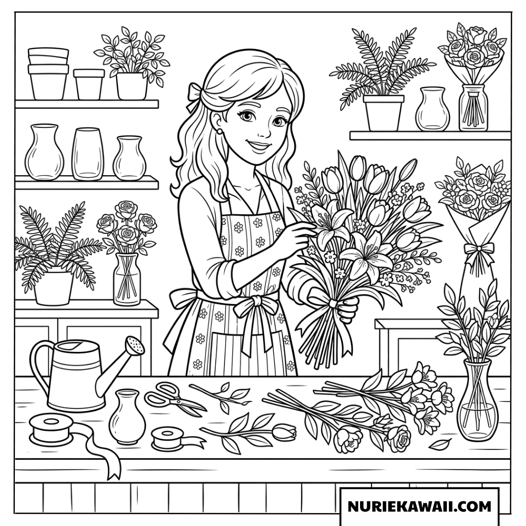 お花屋さんでチューリップの花束を作る女の子の塗り絵
