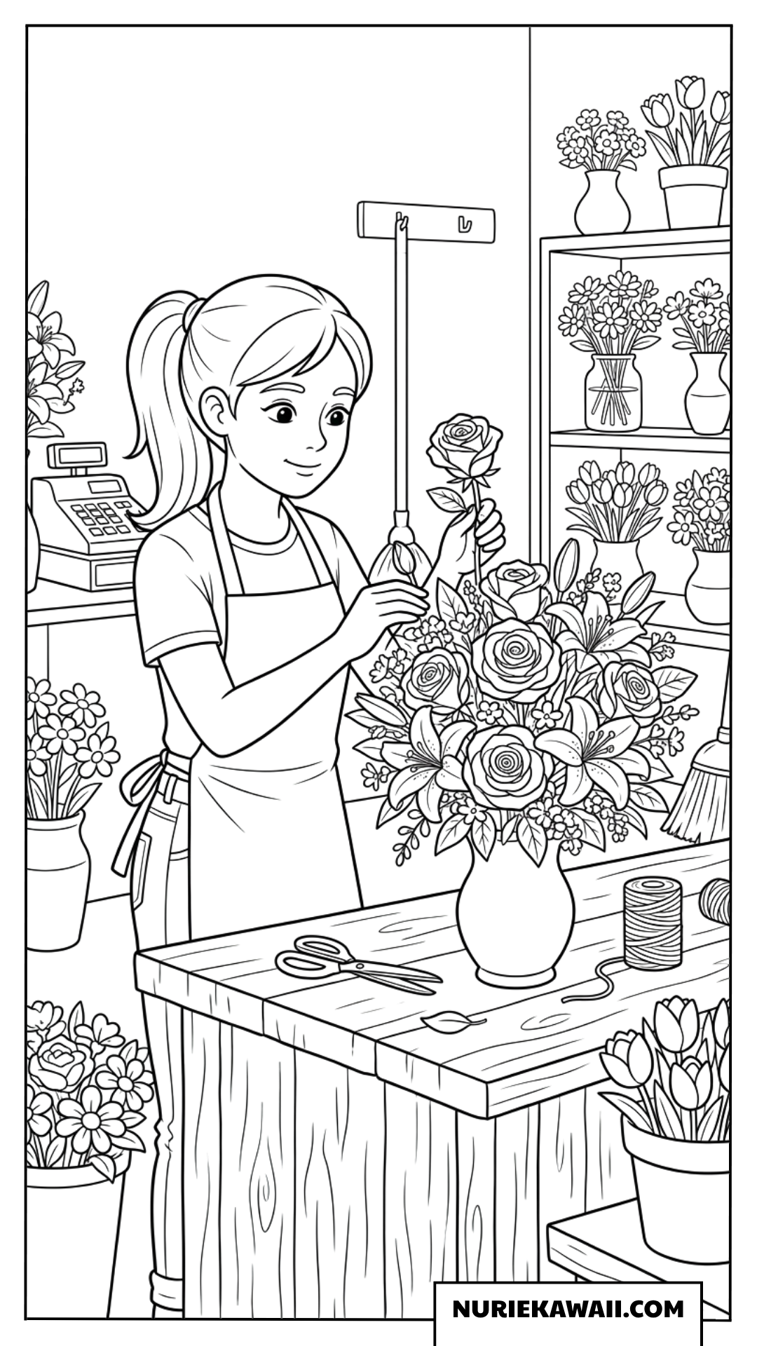 お花屋さんでバラの花瓶を生けるスタッフの女の子塗り絵