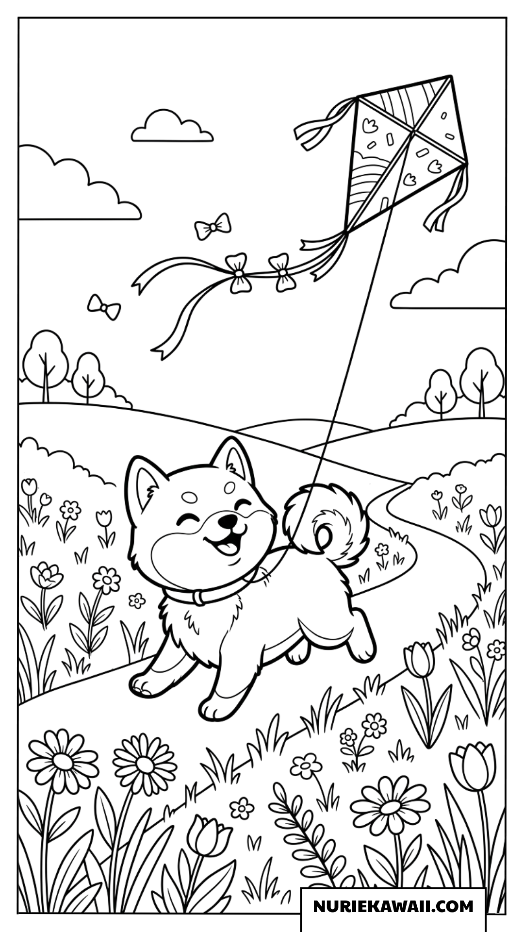 お花畑の広がる丘の上で元気いっぱいに凧揚げを楽しむ可愛い柴犬の塗り絵