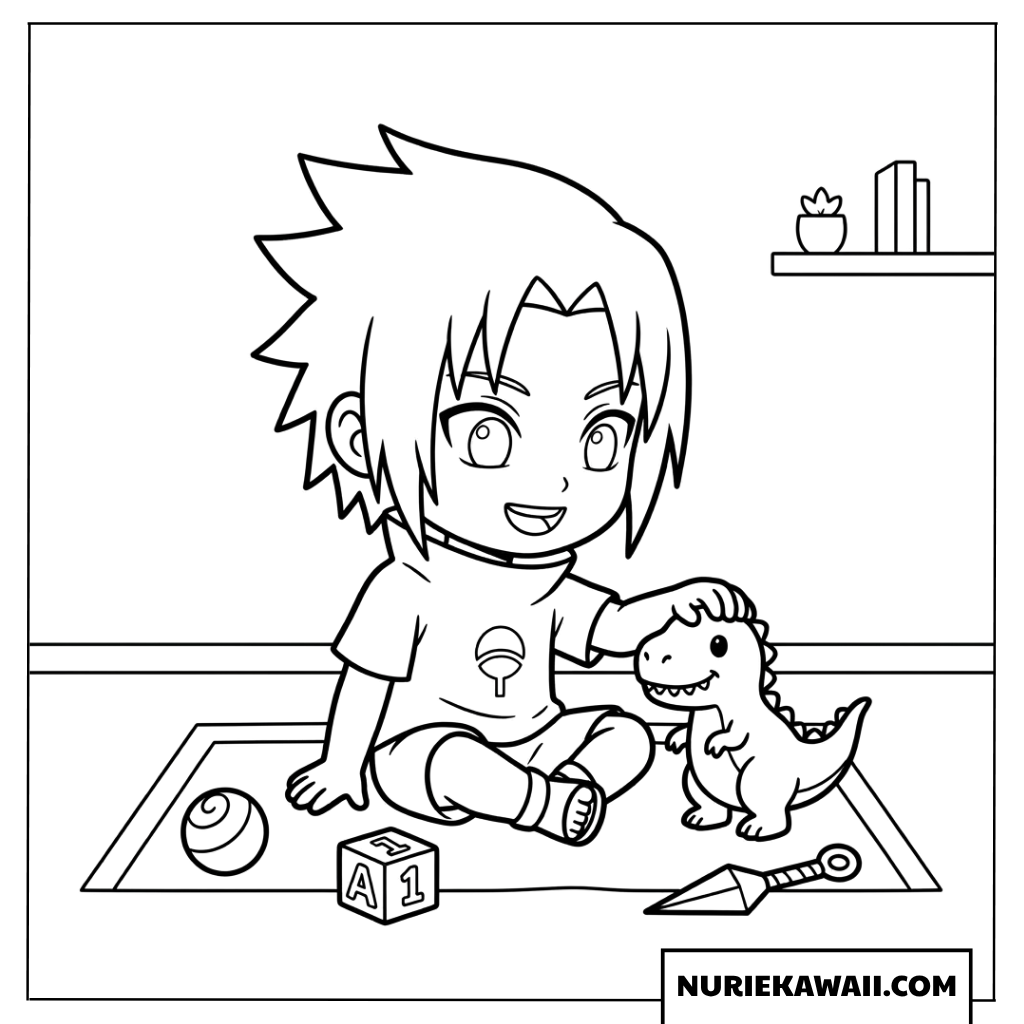 お部屋のマットの上で可愛い恐竜のおもちゃと遊ぶミニサスケの塗り絵