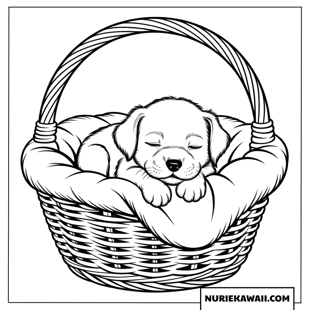 かごの中で眠る可愛い子犬の塗り絵