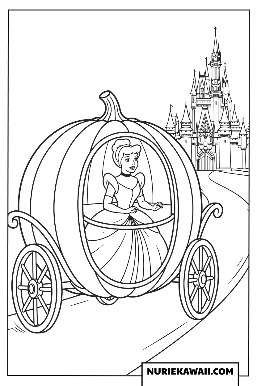 かぼちゃの馬車に乗って城へ向かうシンデレラの塗り絵