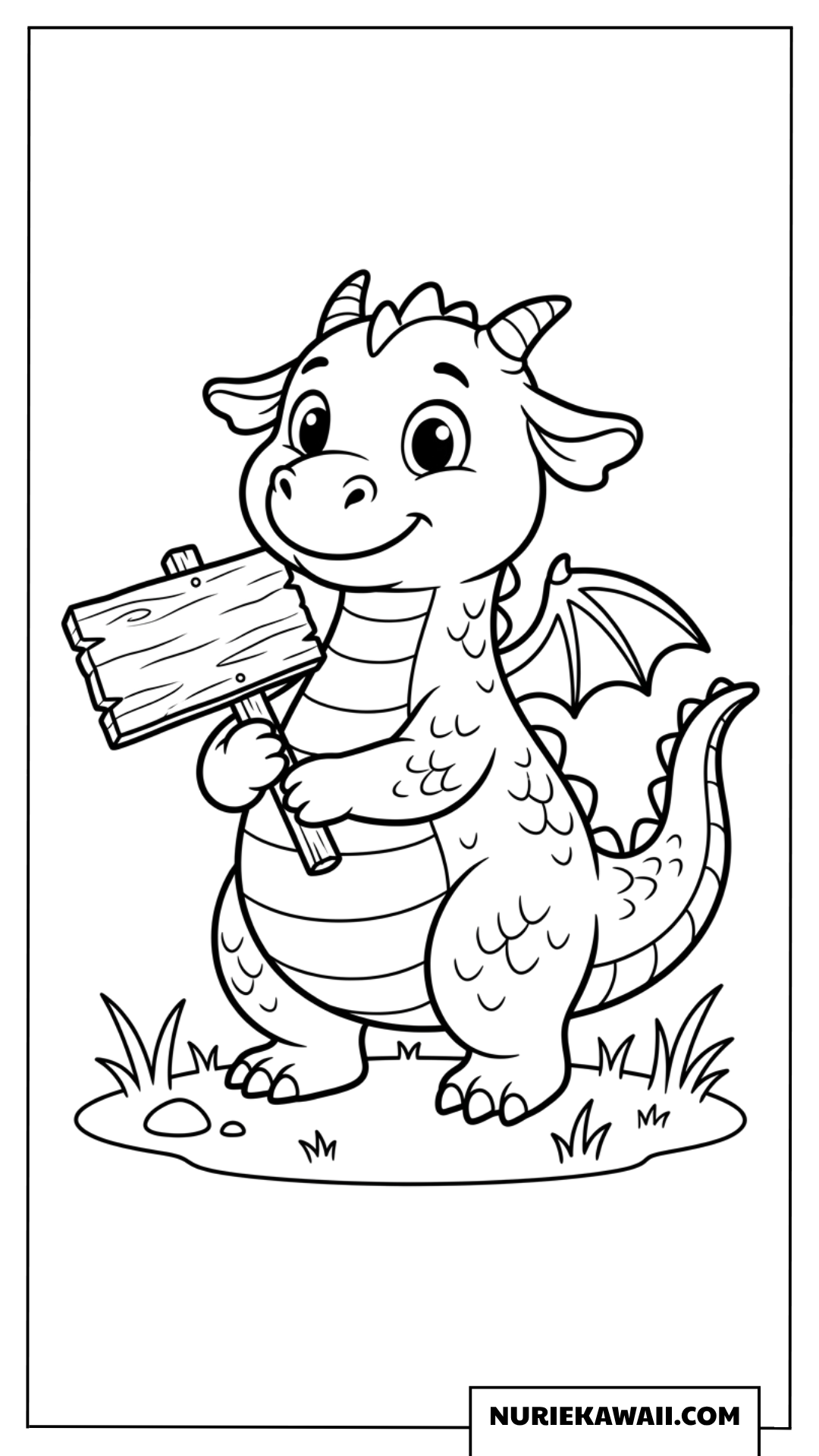 かわいいドラゴンの木の看板持ち塗り絵