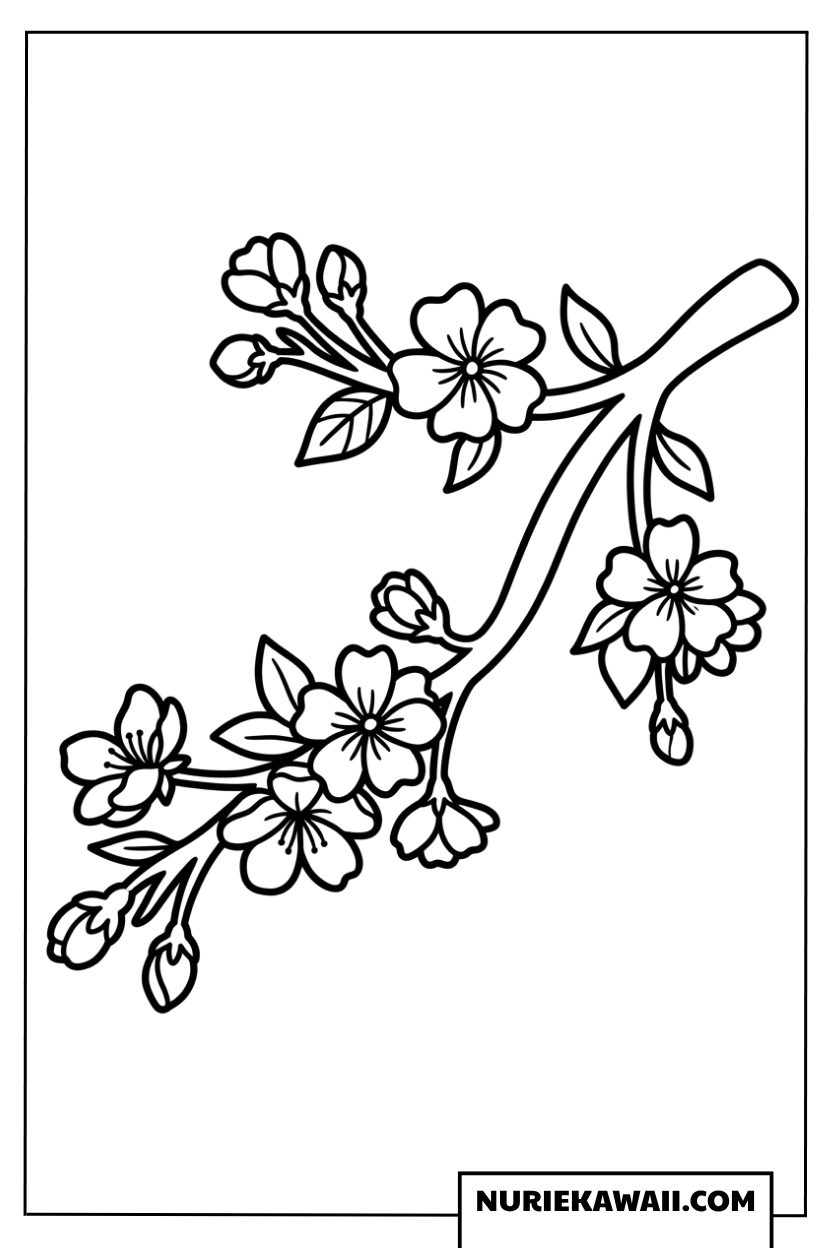 かわいい桜の枝の塗り絵