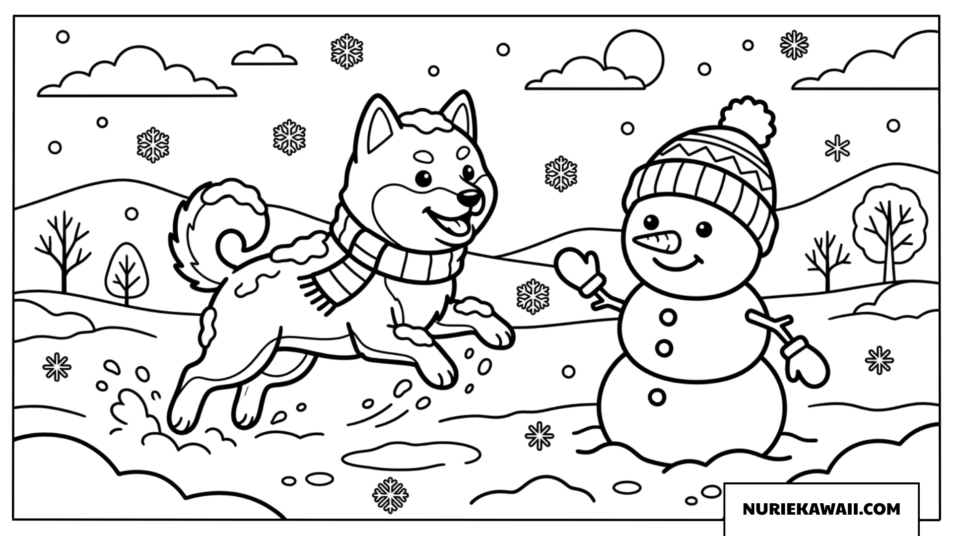 しま模様のマフラーを巻いて可愛い雪だるまと一緒に雪原を駆け回る柴犬の冬の塗り絵