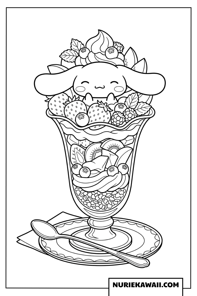 たくさんのイチゴとフルーツパフェの中に隠れたシナモロールの塗り絵