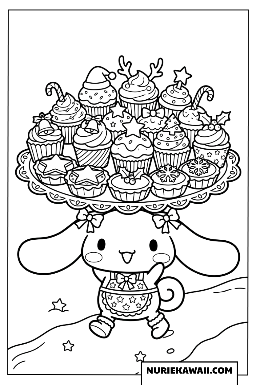 たくさんのクリスマススイーツを運ぶシナモロールの塗り絵