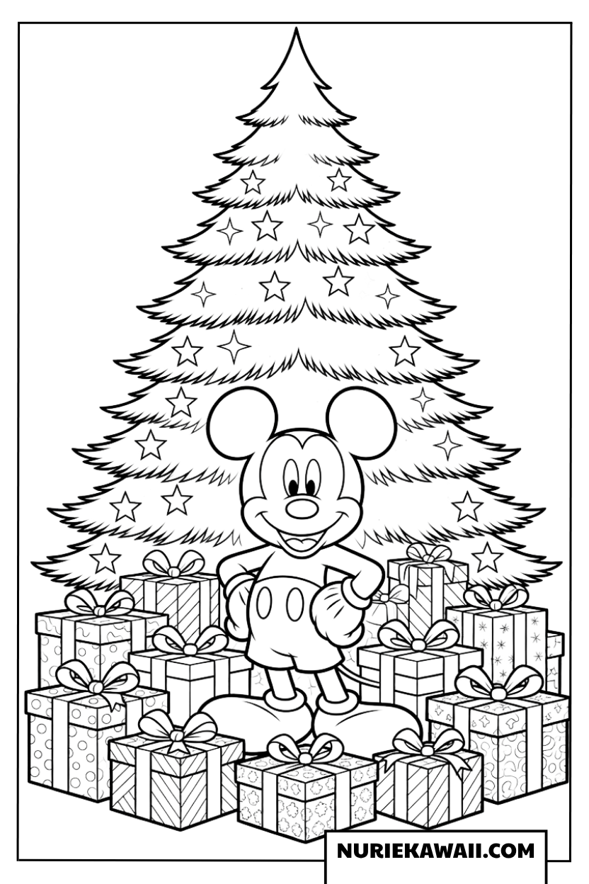 たくさんのクリスマスプレゼントと大きなツリーの前に立つミッキーの塗り絵