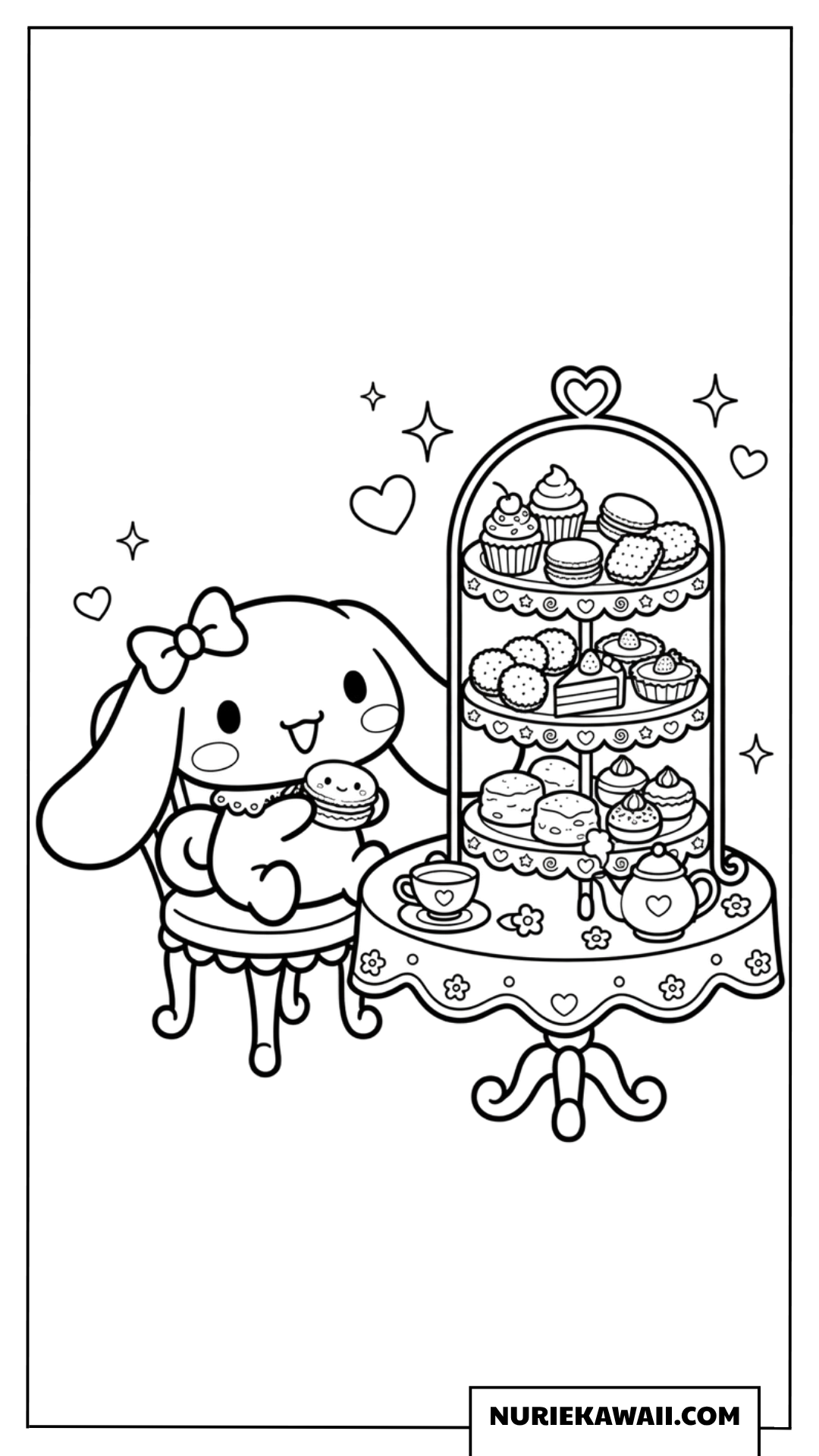 たくさんのスイーツに囲まれて幸せなシナモロールの塗り絵