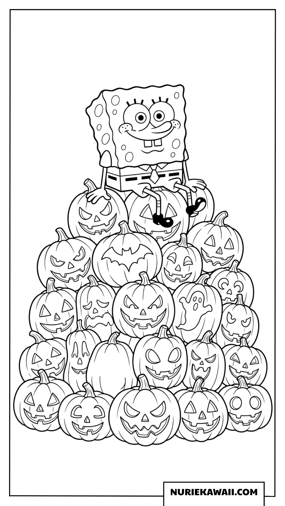 たくさんのハロウィンカボチャの山に座るスポンジボブの塗り絵