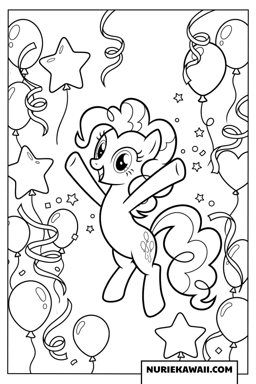たくさんの風船や星に囲まれて大はしゃぎするピンキーパイの塗り絵
