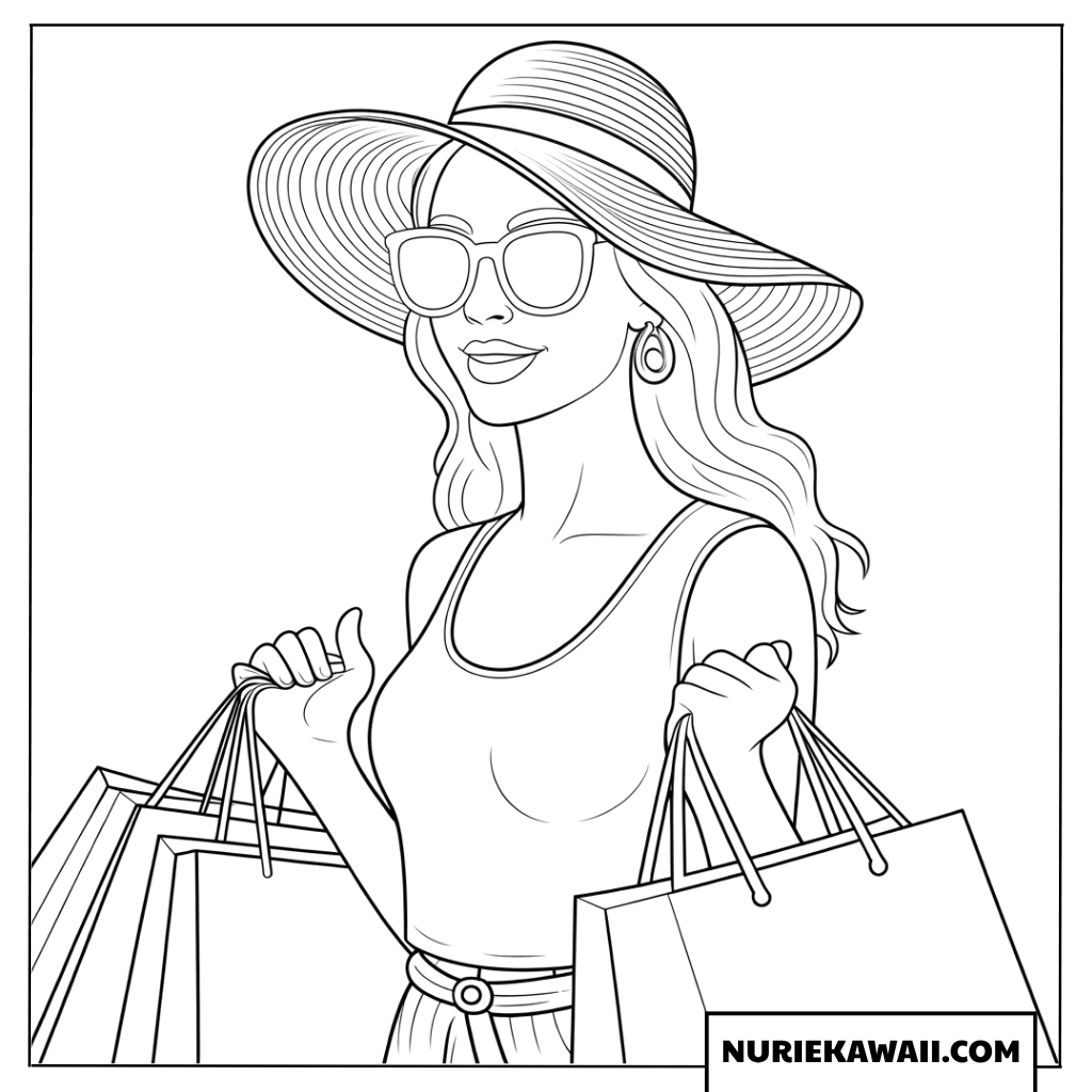 つば広帽子をかぶってショッピングを楽しむ女性の塗り絵