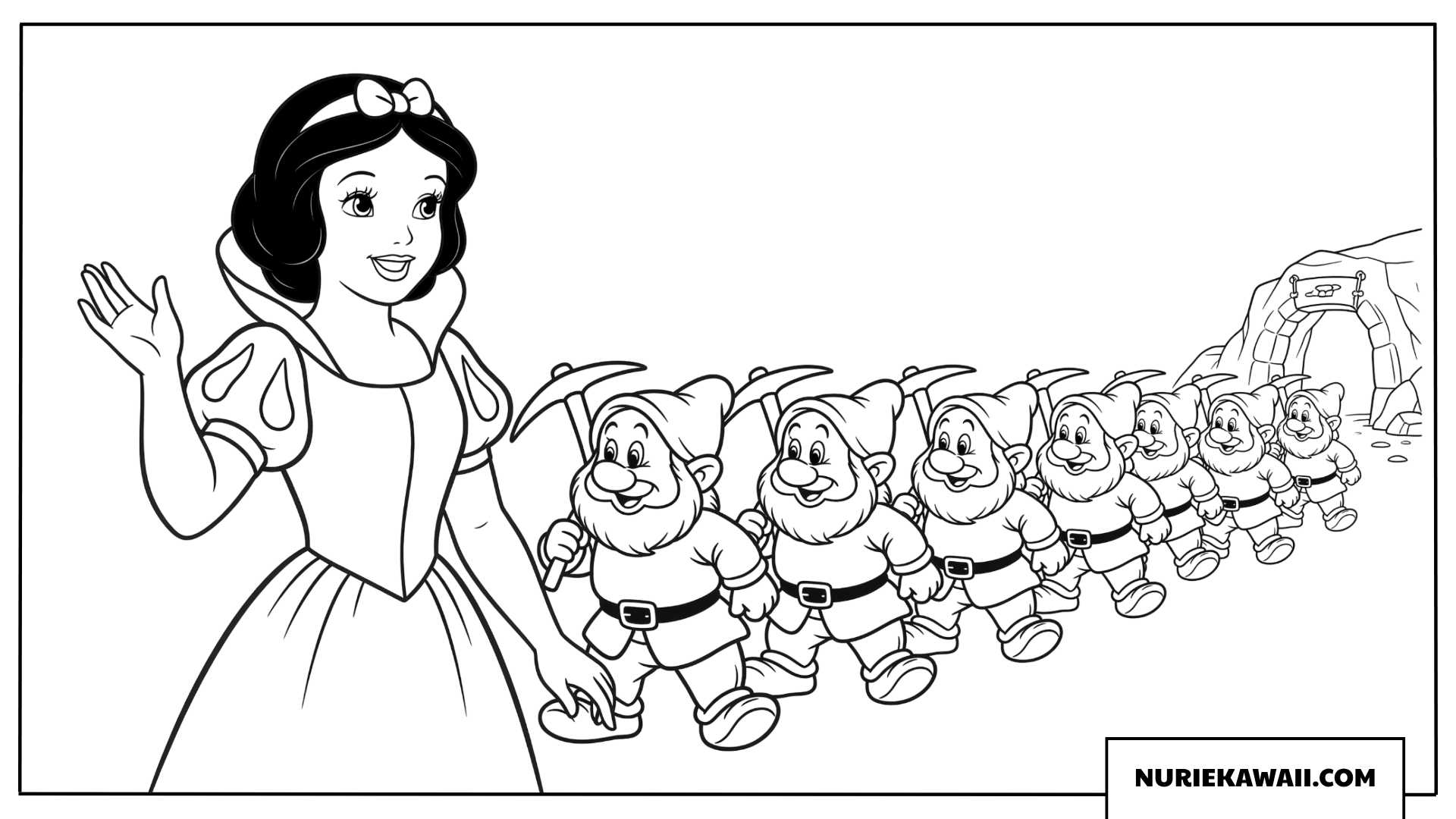 つるはしを持つ七人の小人と手を振る白雪姫の塗り絵