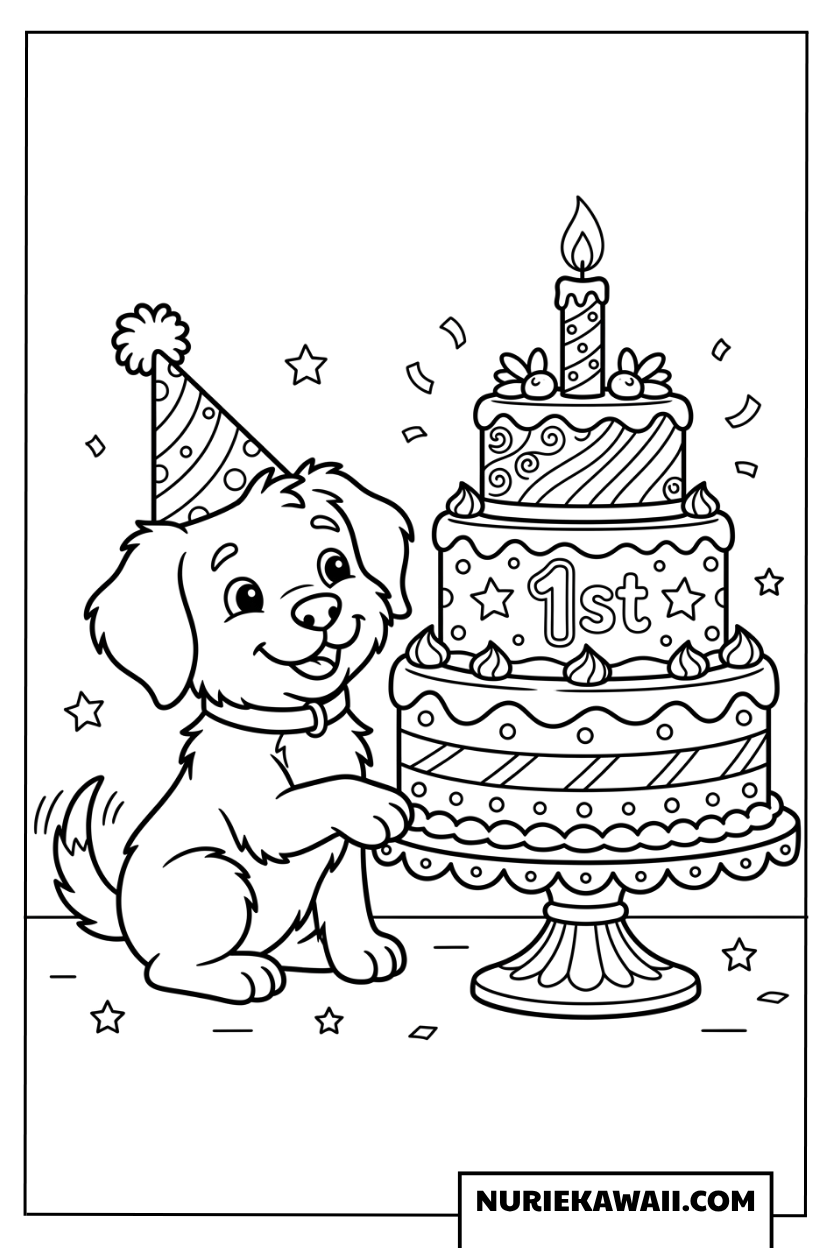 とんがり帽子をかぶって豪華な誕生日ケーキと並ぶ子犬の塗り絵