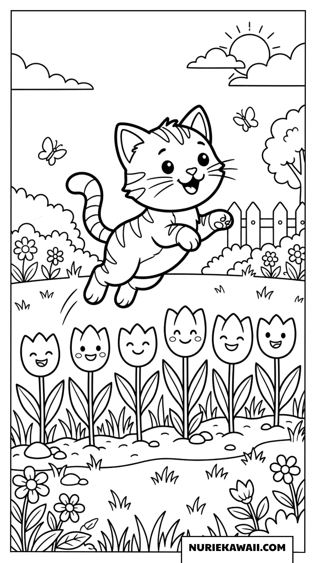 にっこりチューリップを飛び越える子猫の塗り絵