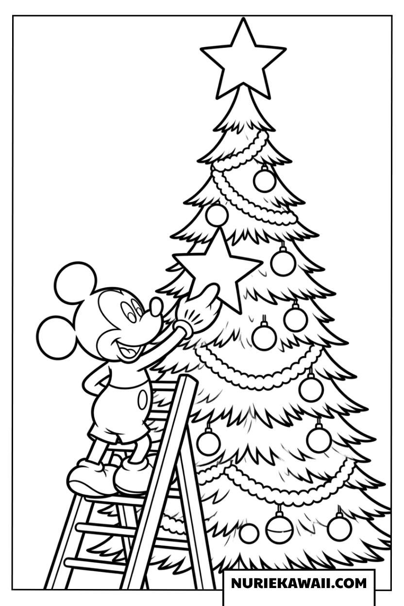 はしごに登ってクリスマスツリーを飾り付けするミッキーの塗り絵