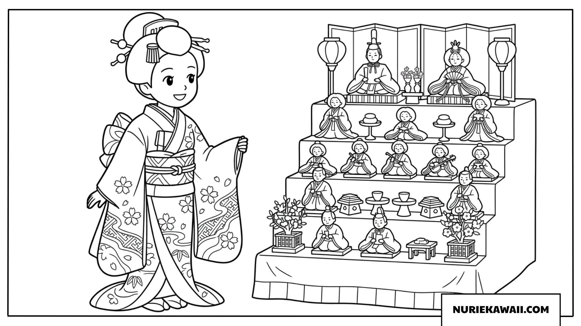 ひな祭りの華やかな着物を着てお内裏様とお雛様と並ぶ女の子の塗り絵