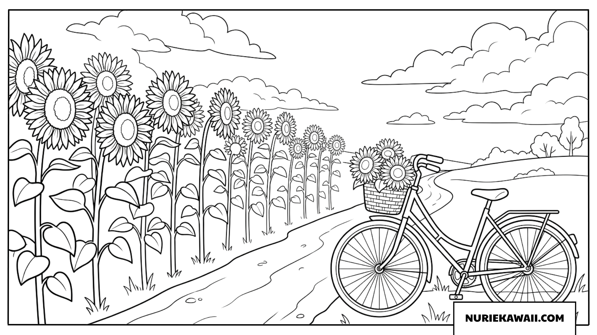 ひまわりの並木道と前カゴに花をのせた自転車の塗り絵