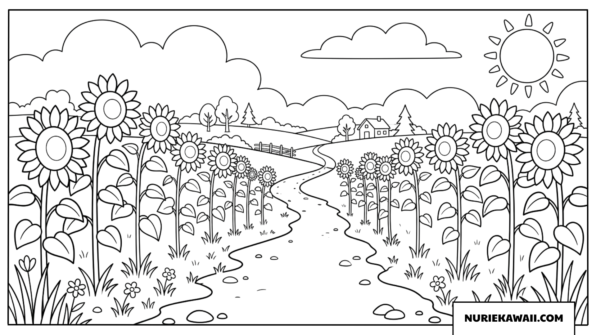 ひまわりの小道と小さな家が並ぶのどかな夏の風景塗り絵