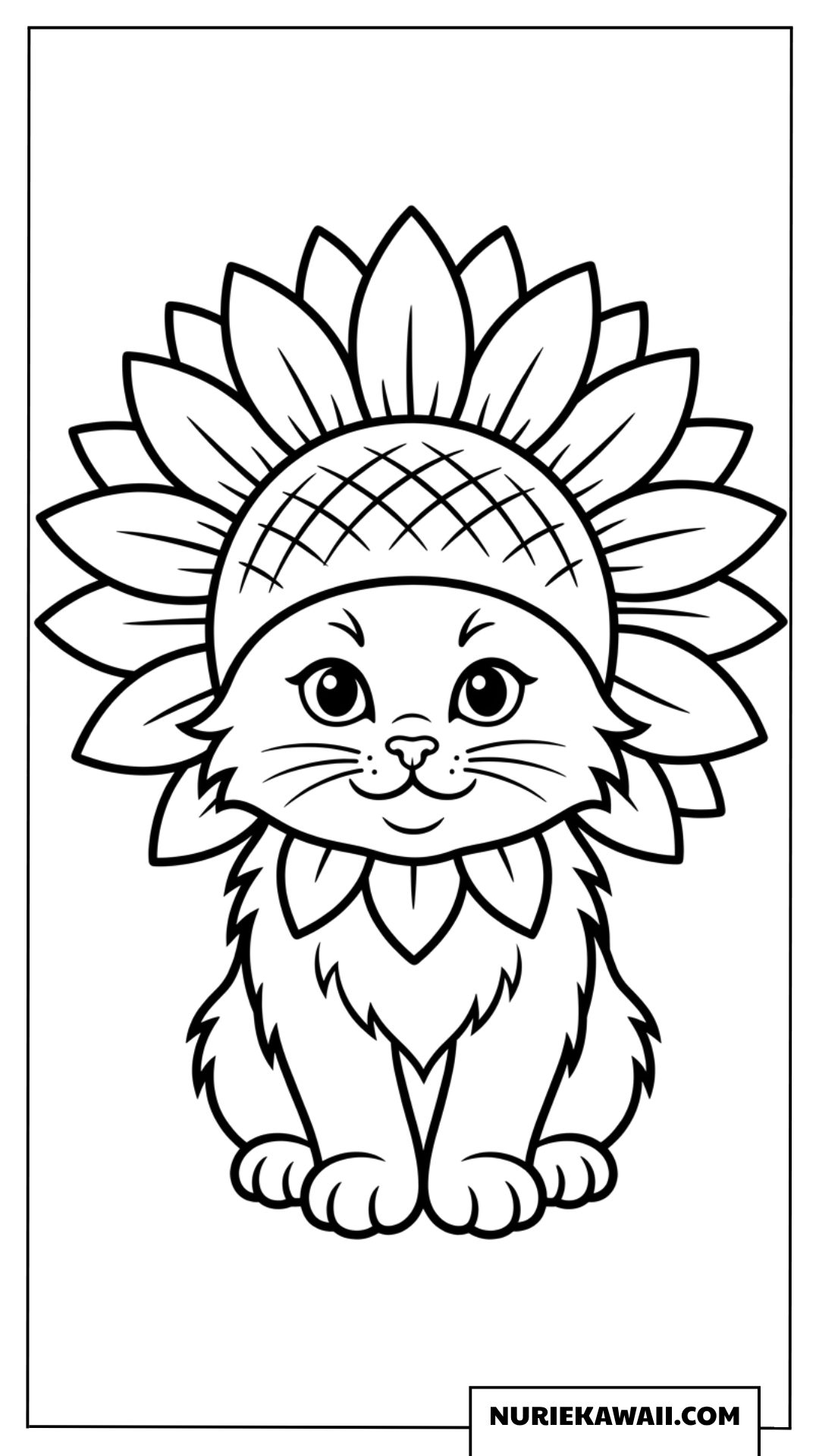 ひまわりの帽子をかぶった可愛い子猫の塗り絵