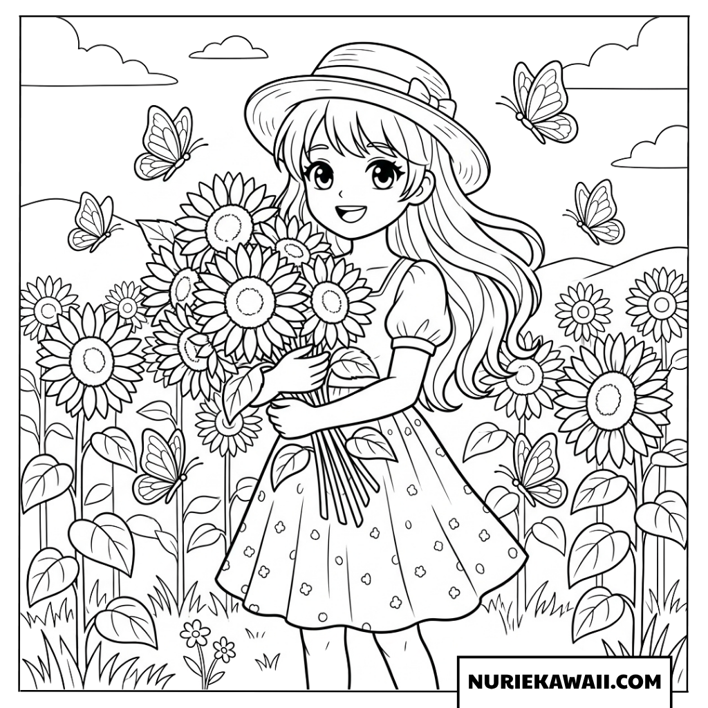 ひまわりの花束を抱きしめる可愛いアニメ風の女の子の塗り絵