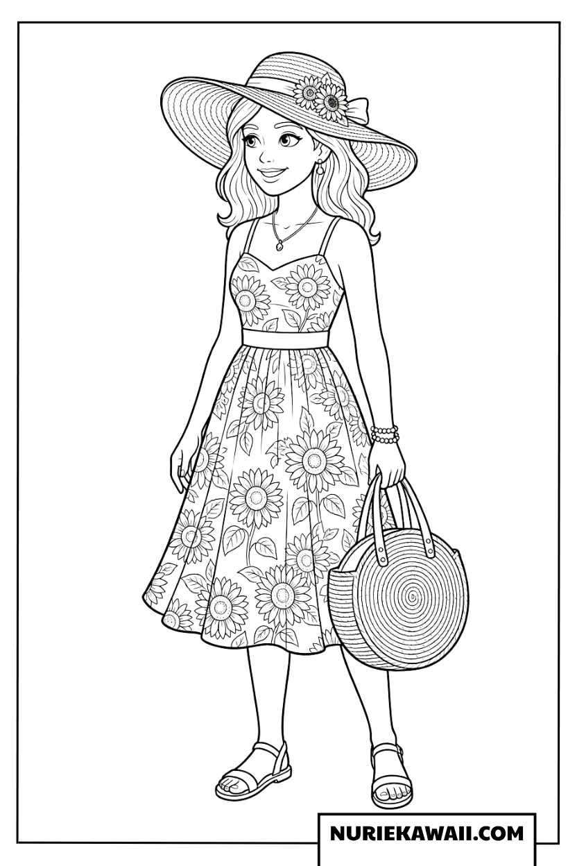 ひまわりドレスを着た夏の女の子の塗り絵
