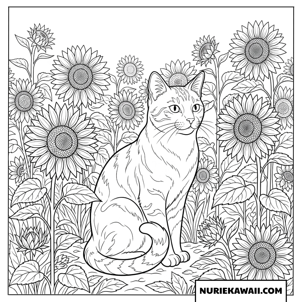 ひまわり畑に佇む美しい猫の癒やし塗り絵