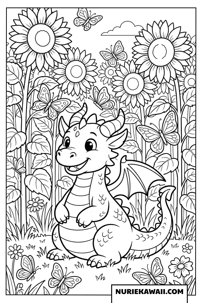 ひまわり畑の中でにっこり笑う愛らしいドラゴンの塗り絵