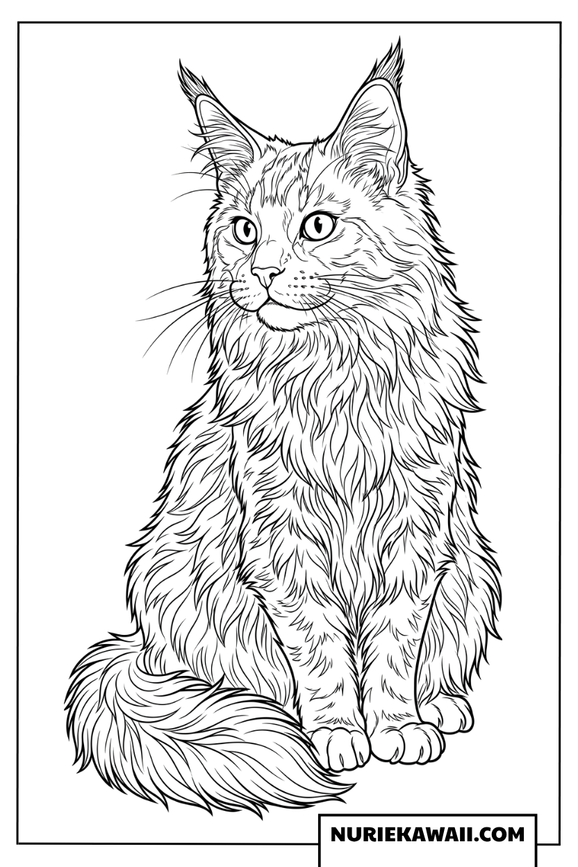 ふさふさな毛並みのメインクーンを描いたリアルな塗り絵