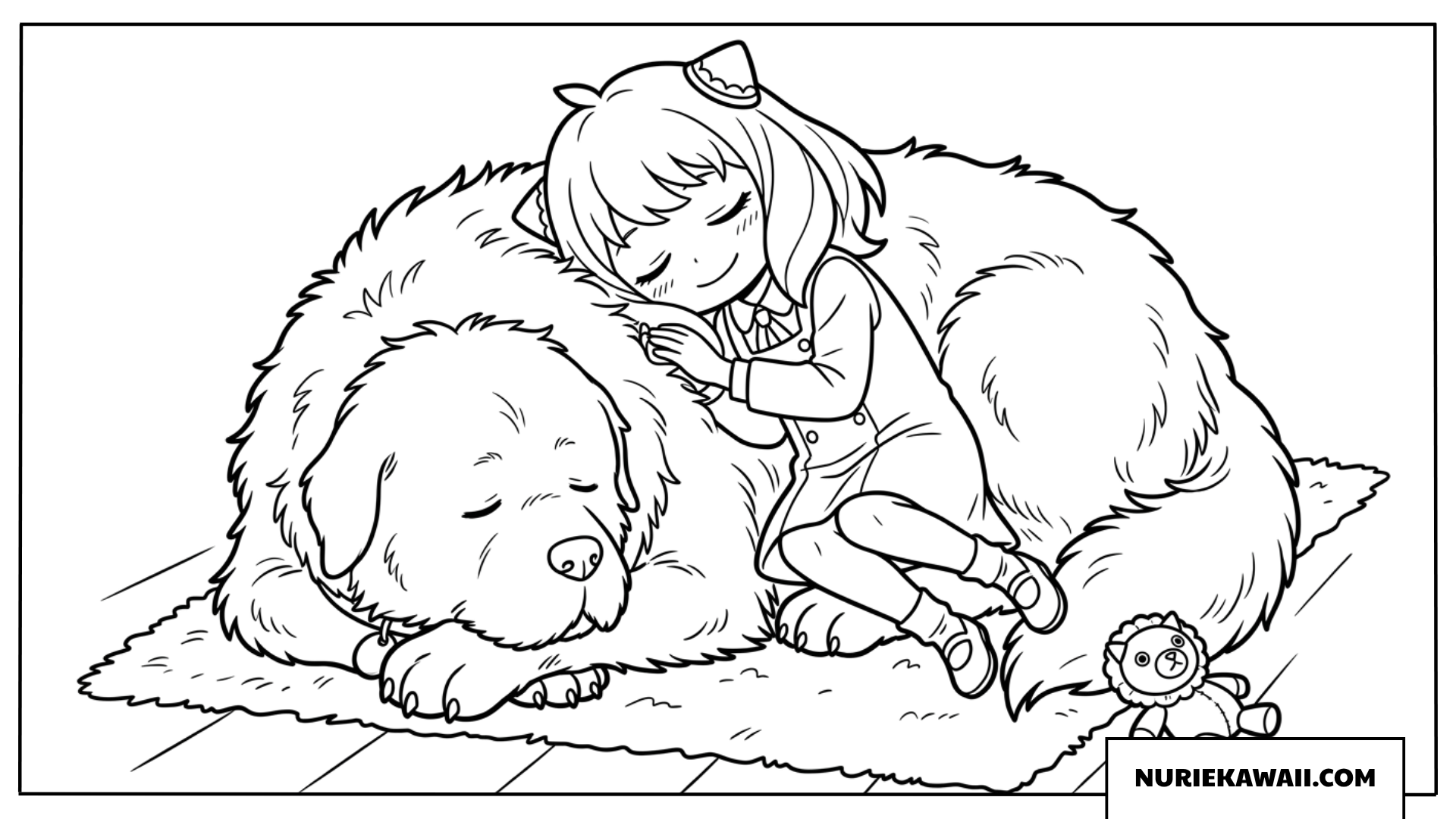 ふわふわなボンドに寄り添ってすやすや眠るアーニャの塗り絵