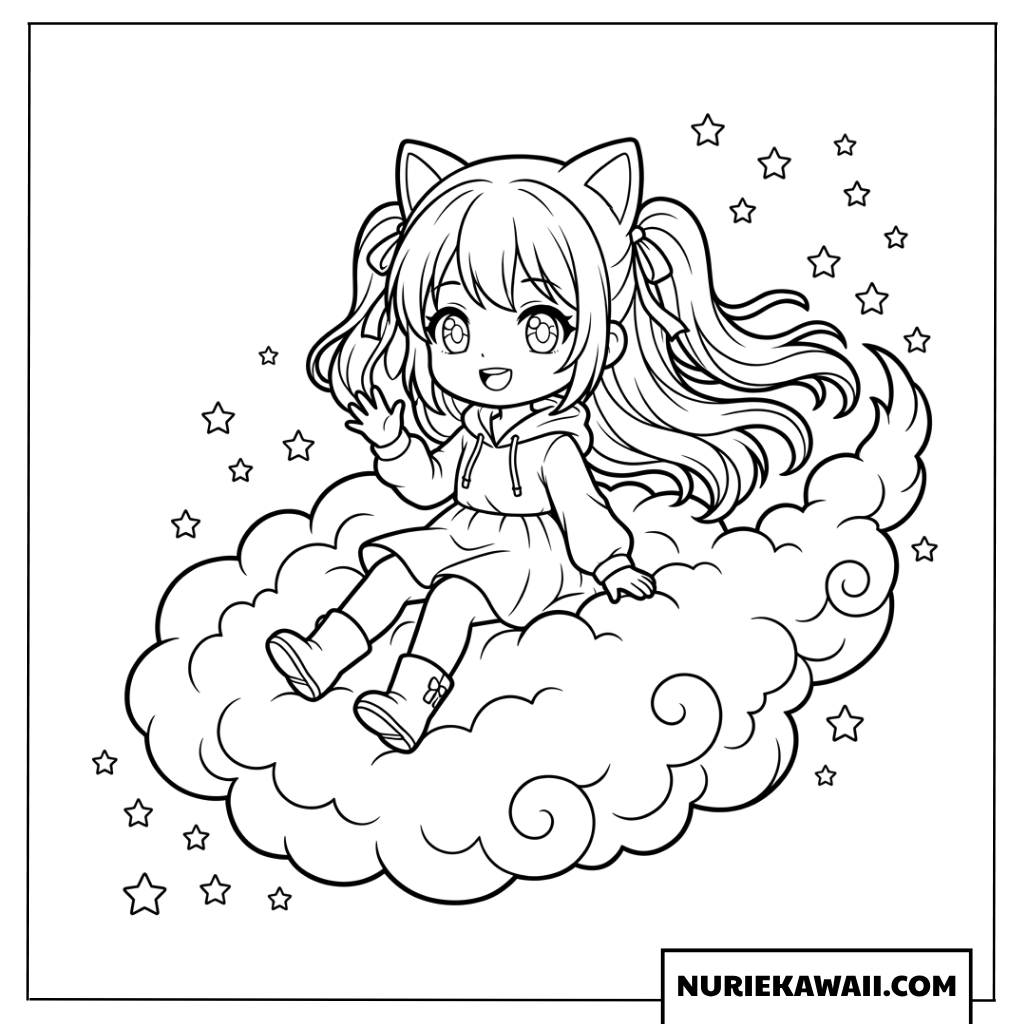 ふわふわの雲に乗って星空を飛ぶ猫耳ちびキャラ女の子の塗り絵