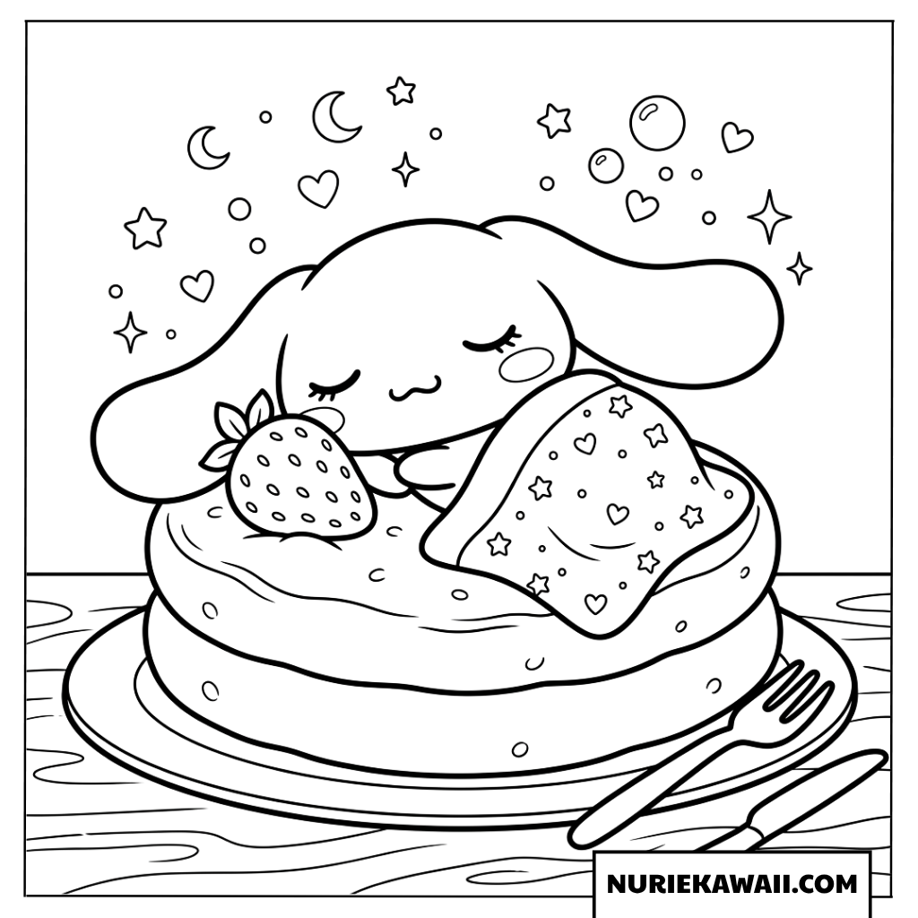 ふわふわパンケーキの上ですやすや眠るシナモロールの塗り絵