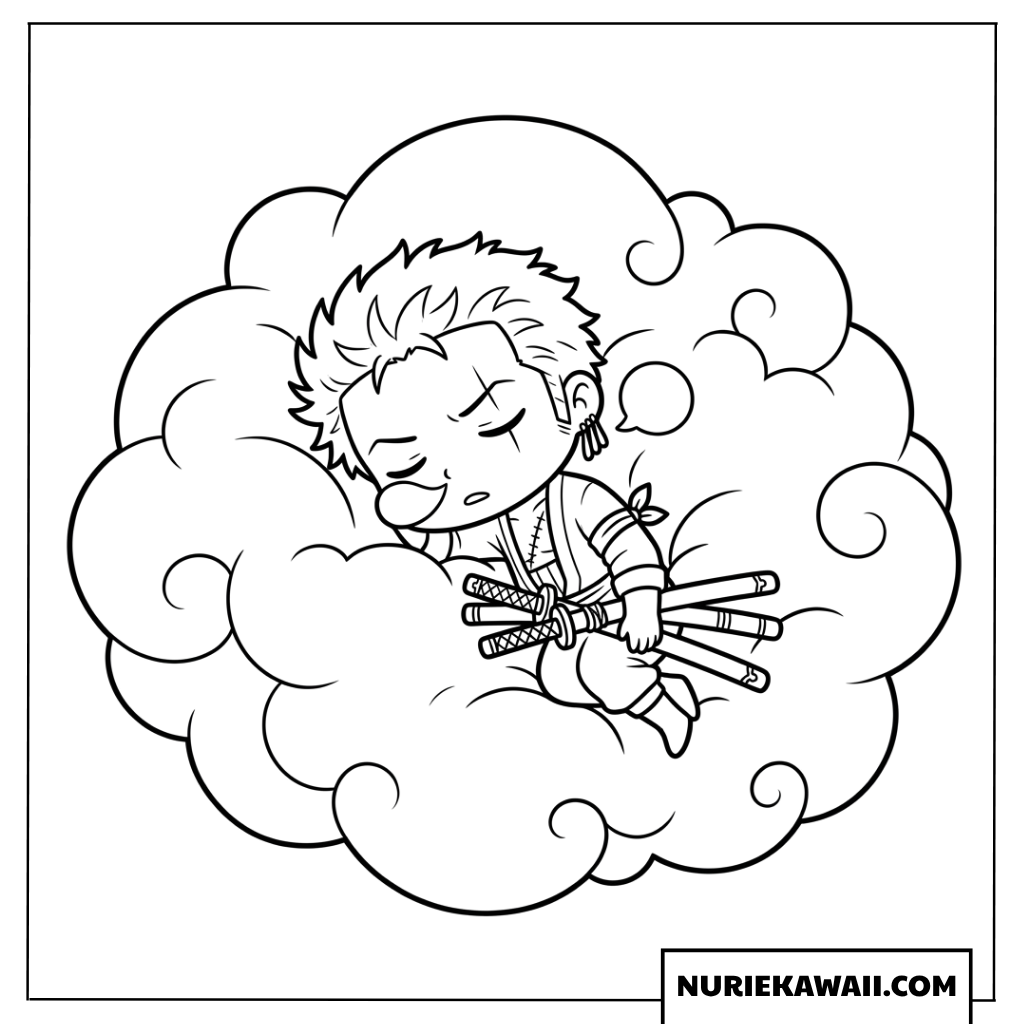 もこもこの雲の上で気持ちよさそうに居眠りするちびゾロの塗り絵