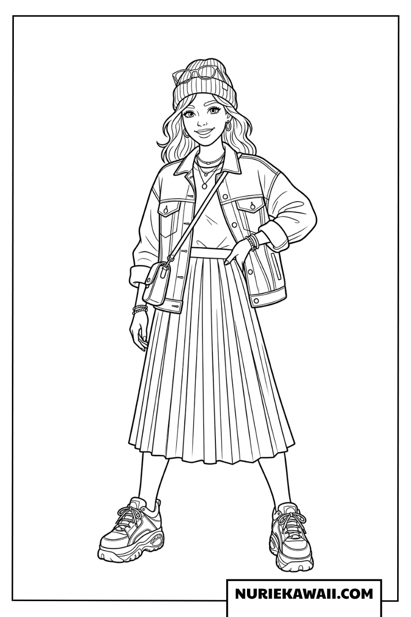 アクティブなストリートファッションの女の子の塗り絵