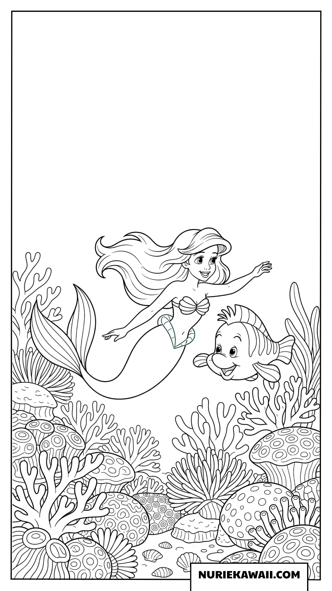 アリエルがフランダーと一緒に海の中を楽しく泳ぐ塗り絵