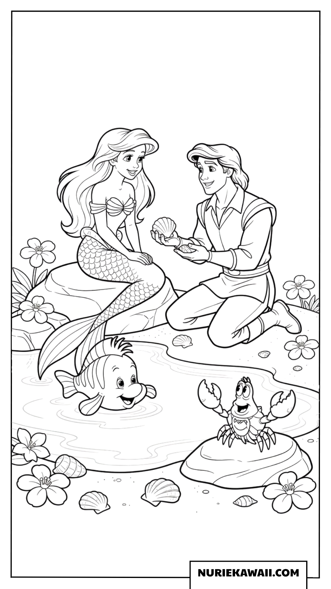アリエルとエリック王子水辺の出会いと仲間たち塗り絵